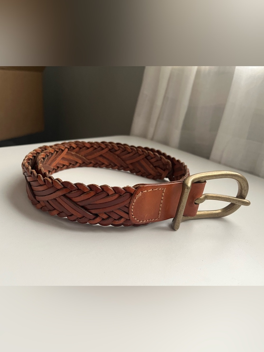 DKNY Braided Leather Belt in Cognac with Brass Buckle